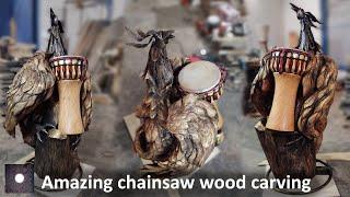 AMAZING CHAINSAW wood carving, Djembe drum and phoenix-shaped stand,  Husqvarna chainsaw