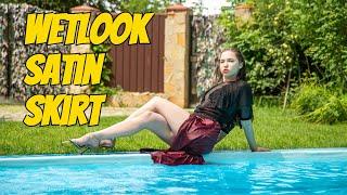 Wetlook girl burgundy satin skirt | Wetlook nude tights | Wetlook metallic high-heeled