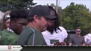 Jonathan Smith visits the Michigan State band before the Spartans' first football game