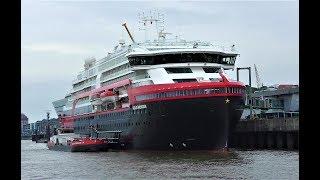 1080p M/S Roald Amundsen Erstanlauf des ersten Hybridkreuzfahrtschiff in Hamburg 11.07.2019