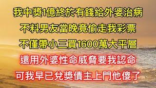 我中獎1億終於有錢給外婆治病，不料男友當晚竟偷走我彩票，不僅帶小三買1600萬大平層，還用外婆性命威脅要我認命，可我早已兌獎債主上門他傻了