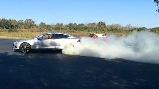 Burnout Brothers: 2013 Tesla Model S P85 vs  1968 Pontiac Firebird 400 Convertible