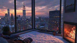 Enjoy A Cozy Winter Sunset View In New York City️Snowfall Winter Ambience & Crackling Fireplace