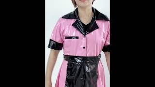 Turn-down Collar Shiny PVC French Maid Dress Short Sleeve Mini A-line Dress with Apron