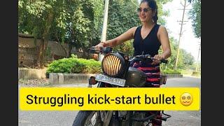 girl struggling in kick-start bullet #automobile #ridergirl #bikergirl #video