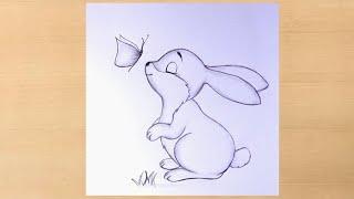 Simple and easy pencil drawing of bunny with butterfly/butterflydrawing with rabbit