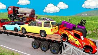 Flatbed Truck Mcqueen - Transportation with Truck - Pothole vs Car #104 BeamNG Drive