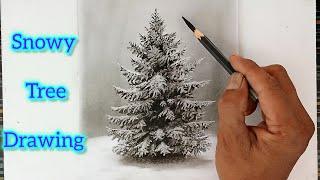 How to draw snowy tree with pencil and eraser step by step. christmas tree.