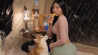 ️폭우 내리는 숲 속, 나만의 칵테일 바 만들기｜뜨끈한 어묵탕에 칵테일 한 잔｜폭우 ASMR ｜에어텐트