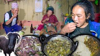 Sheep Meat Fry Recipe with rice in Rural Village || Village Lamb Meat recipe || New Nepali food vlog