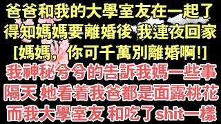 爸爸和我的大學室友在一起了，得知媽媽要離婚後 我連夜回家，[媽媽，你可千萬別離婚啊!]，我神秘兮兮的告訴我媽一些事，隔天 她看著我爸都是面露桃花，而我大學室友 和吃了shit一樣