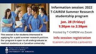 INFO SESSION: 2022 T-CAIREM Summer Student Research Program (Jan. 28, 2022)