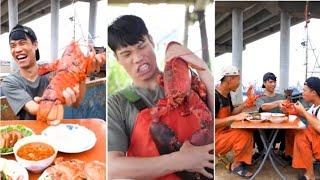 Funny clip Chinese Fisherman Eating Seafood together #9 | Huge Lobster | Larger and Yummy Lobster