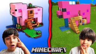 Dani y Evan construyen la CASA CERDO de LEGO en la VIDA REAL y luego en MINECRAFT