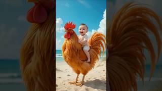 "Adorable Baby Rides a Giant Rooster on the Beach – Cutest Moment Ever!"