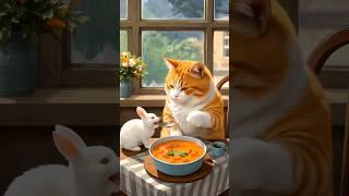 Oyen cat cooks meat soup with white rabbit #shorts #youtubeshorts #shortvideo #cat #youtube
