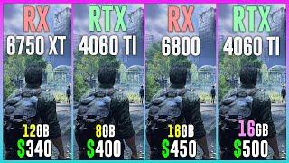 RX 6750 XT vs RTX 4060 TI vs RX 6800 vs RTX 4060 TI 16GB - Best Graphics Cards Under $500 | 12 Games