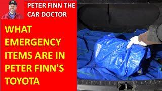 What Emergency items are in the trunk of Peter Finn's Toyota car