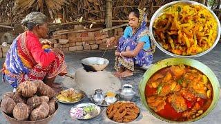 FISH CURRY And POTATO FRY recipe cooking &eating by tribe grandma||rural life India