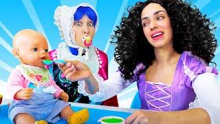 Baby born doll & princesses pretend to play baby. Feeding baby doll & Princess stories for children.