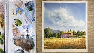 Watercolor painting landscape - Sky above the Farm