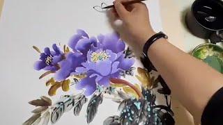 Purple Peonies Painting with Chinese Watercolor