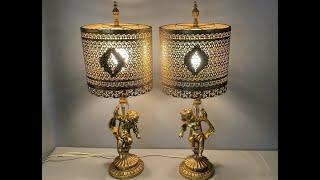 Antique or Vintage Pair of Metal Cherub Lamps with Pierced Metal Shades