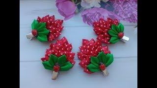 Заколочки "Клубника" для волос из лент МК Канзаши  / Hair clips "Strawberry" for hair from ribbons