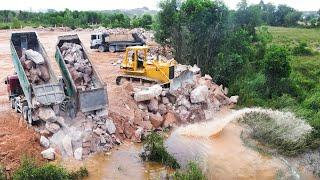 Perfectly Loading Stone Filling Up Project By KOMATSU DOZERS With Dump Trucks Performance Work