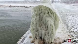 Stunning Must See Ice Sculptures Frozen South Haven Michigan 4K Drone Footage Dec 2022