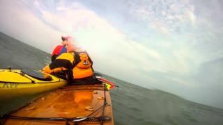 Big winds lead to Kayak Sailing accidental gybe, capsize, swim, and assisted rescue.