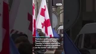 Protesters Rally in Support of Ukraine Outside Russian Embassy in Paris