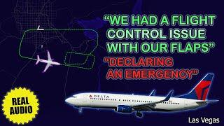 Flaps issue. Delta Boeing 737 declares an emergency after takeoff from Las Vegas. Real ATC