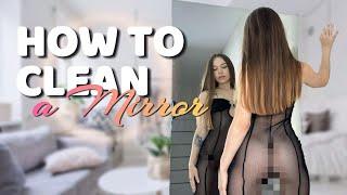 4K] Mirror Cleaning in a Black Transparent Outfit | Clean Haul | Lina Lumshore