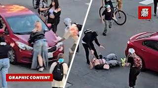New angle shows protester get RUN OVER after blocking car during ‘No Kings’ rally in LA