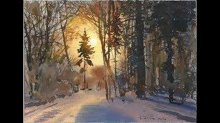 Watercolor winter forest landscape with exaggerated sun   backlight.