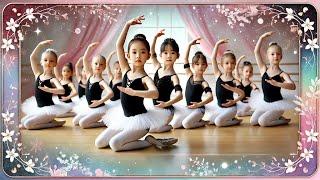 Girls Ballet Stretching. Little Girl Ballerinas Perform a New Routine on Stage in the Concert Hall.