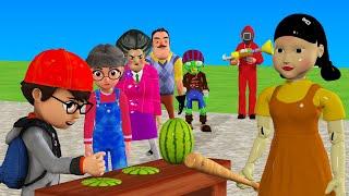 Scary Teacher 3D vs Squid Game Challenge Smash Watermelon Miss T vs 2 Neighbor Loser