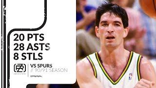 John Stockton 20 pts 28 asts 8 stls vs Spurs 90/91 season