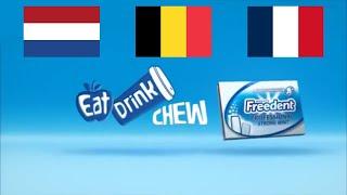 Реклама Freedent "Eat. Drink. Chew Freedent" на 3 разных языках