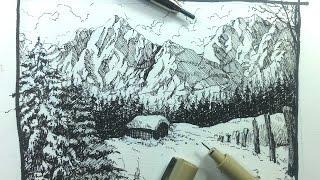 Pen & Ink Drawing Tutorials | How to draw a winter landscape