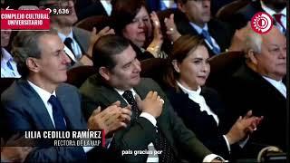 Al rendir su Tercer Informe de labores, Lilia Cedillo saluda al gobernador electo, Alejandro Armenta