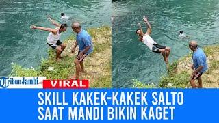 Menolak Tua, Aksi Kakek-kakek Pamer Salto Saat Mandi di Sungai