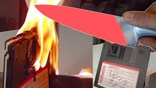 EXPERIMENT Glowing 1000 degree KNIFE VS FLOPPY DISK FIRE COCA COLA