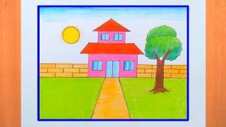 House Scenery Drawing  Ghar ka Chitra  Easy to Drawing and Painting