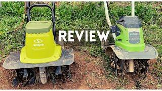 Sun Joe TJ604E Electric Tiller vs Greenworks 8 Amp 27072. tiller cultivator Review.