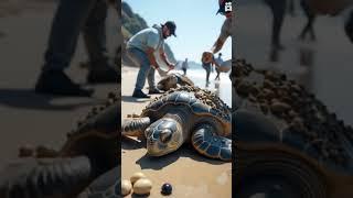 "A sea turtle slowly crawling on the beach, its shell buried under millions of barnacles