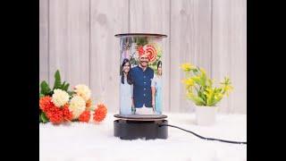 At Gift Lab Personalized Wooden Round Shape Design Rotating LED lamp with 2 Photo