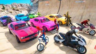 Cars Dodge Challenger with Spiderman and Superheroes jumping Mega Ramps Muscle Сars GTA V Mods