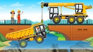 Broken Bridge - Excavator Crane Rescue Truck Stuck in River | Construction Vehicles